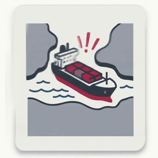 Cargo ship sailing between shores of a narrow strait