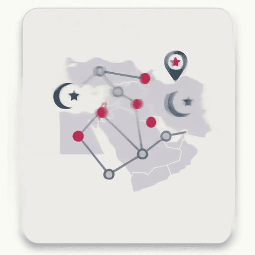 Map of the Middle East with network dots, crescents, and a pin